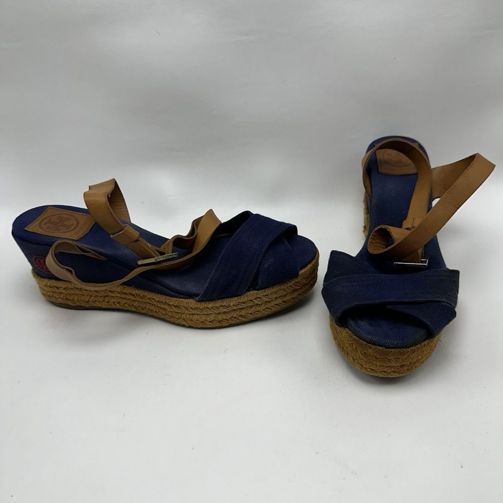 Tory Burch Blue Canvas Karissa Espadrille Wedges Size 8.5 B Shoes Leather Straps
